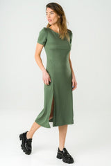 Victoria Midi Dress 100% Tencel in Bronze Green