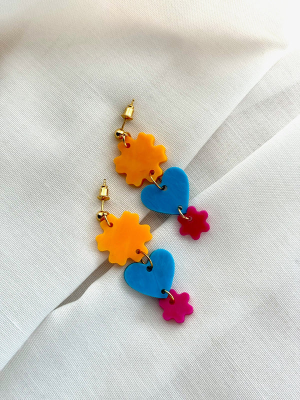 Mini Flower Love Earrings- Marigold, Turquoise & Hot Pink