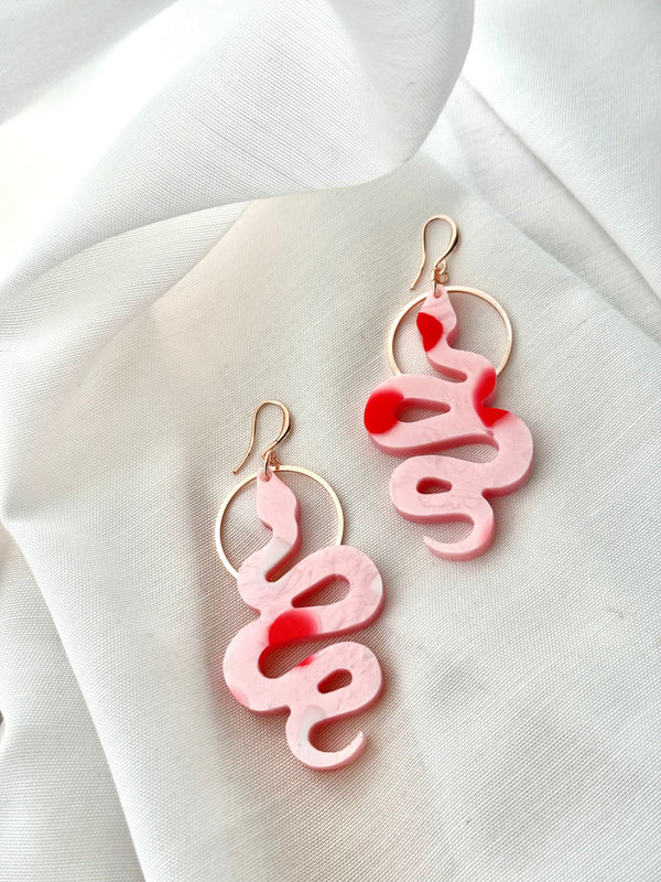 Snake Charmer Earrings- Soft Pink With Red & White Spot