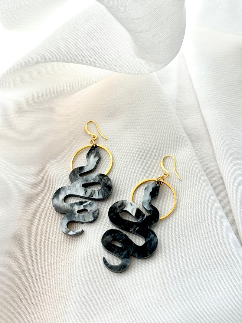 Snake Charmer Earrings- Black & White Marble