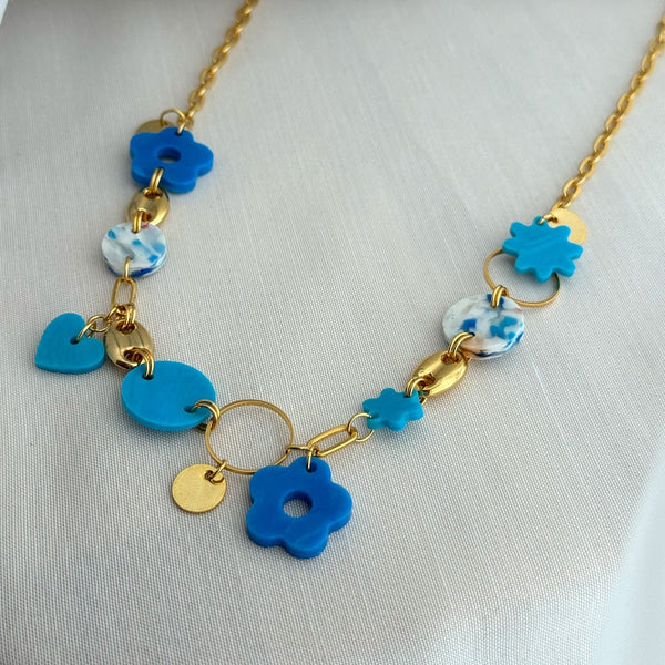 Flower & Heart Charm Necklace- Blues