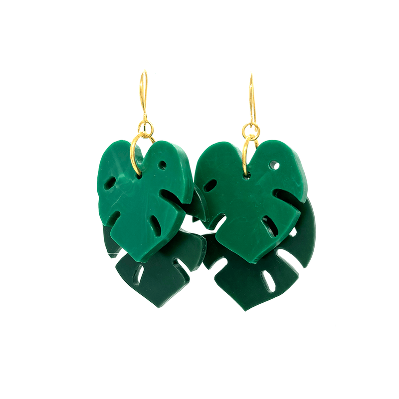 Stacked Monstera Earrings- malachite & emerald