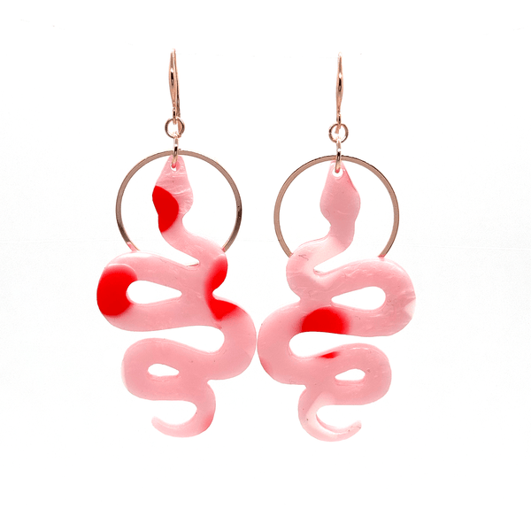 Snake Charmer Earrings- Soft Pink With Red & White Spot