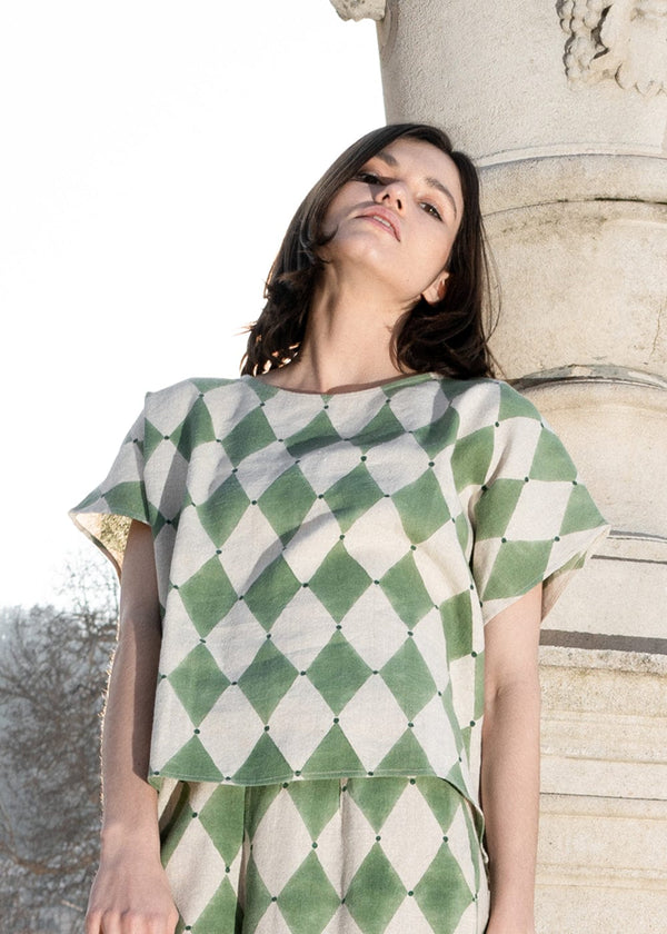 Sofi Linen Top Green Diamond Block Print